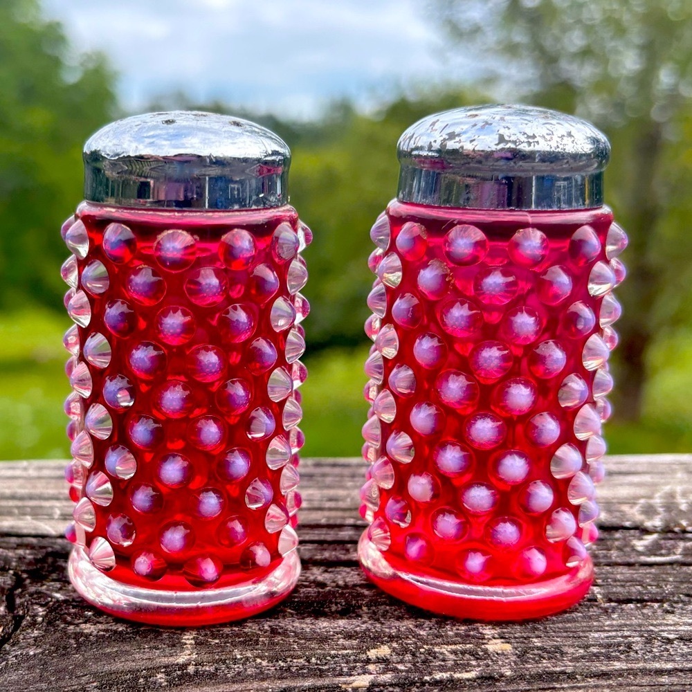 Vintage Fenton Cranberry Opalescent Hobnail Salt and Pepper Shakers